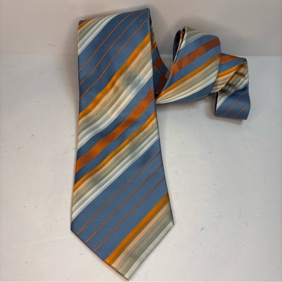 Biaggini 100% Silk Tie Blue Orange Yellow Striped Bold Business 60” Necktie - Picture 3 of 3